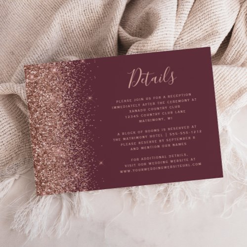 Dark Burgundy Rose Gold Glitter Wedding Details Enclosure Card
