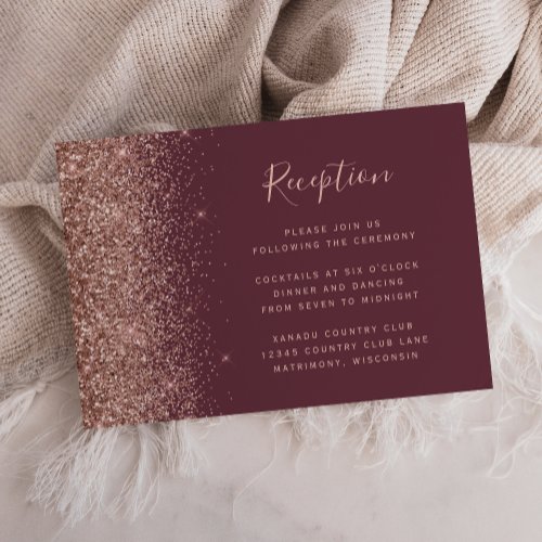 Dark Burgundy Rose Gold Glitter Wedding Reception Enclosure Card