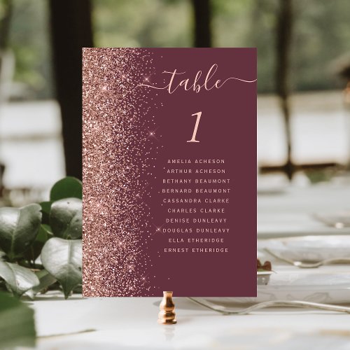 Dark Burgundy Rose Gold Glitter Wedding Table Number
