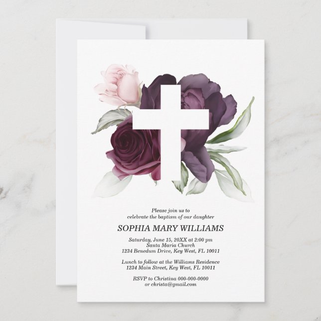 Dark Burgundy Rose & White Cross Girl Baptism Invitation (Front)
