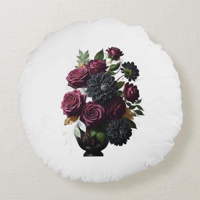 Dark Burgundy Roses and Black Dahlias Round Pillow (Back)