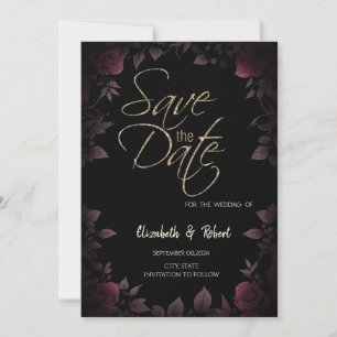 Dark Burgundy Roses Black Save The Date Card