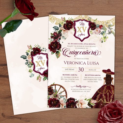 Dark Burgundy Roses Elegant Charro Quinceanera Invitation