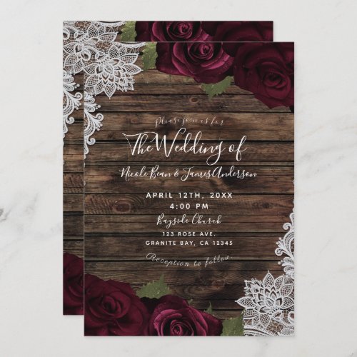 Dark Burgundy Roses Rustic White Lace Wedding Invitation