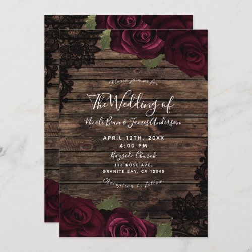 Dark Burgundy Roses Wood Black Lace Wedding Invitation