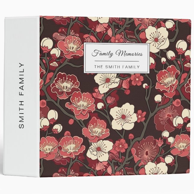 Dark Burgundy Sakura Floral Coral Blossom Pattern 3 Ring Binder (Front/Spine)