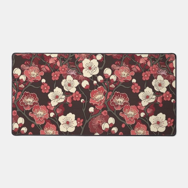 Dark Burgundy Sakura Floral Coral Blossom Pattern Desk Mat (Front)