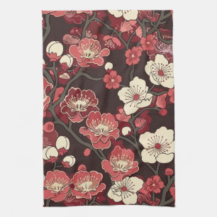 Dark Burgundy Sakura Floral Coral Blossom Pattern Kitchen Towel