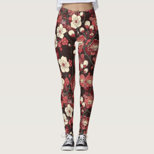 Dark Burgundy Sakura Floral Coral Blossom Pattern Leggings