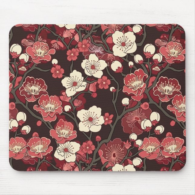 Dark Burgundy Sakura Floral Coral Blossom Pattern Mouse Pad (Front)