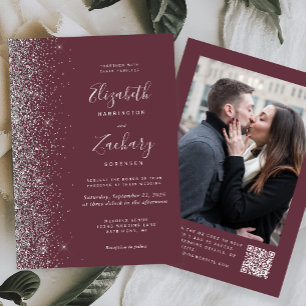 Dark Burgundy Silver Glitter Photo QR Code Wedding Invitation