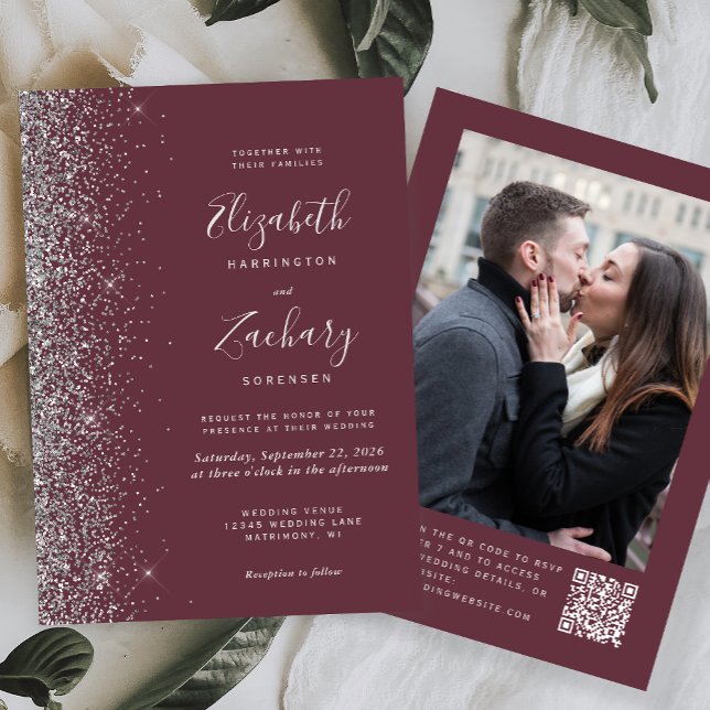 Dark Burgundy Silver Glitter Photo QR Code Wedding Invitation (Creator Uploaded)