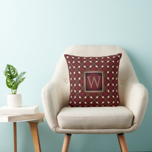 Dark Burgundy Squares on Dark Tan and White Throw Pillow