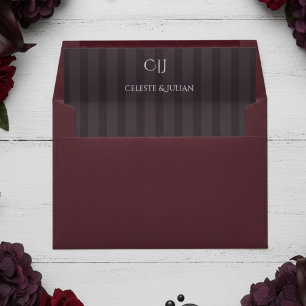 Dark Burgundy Stripes Monogram Wedding Envelope Liner