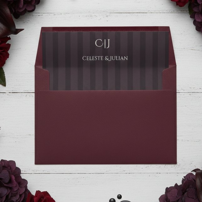Dark Burgundy Stripes Monogram Wedding Envelope Liner (Elegant Dark Burgundy Thick Stripes for Moody Halloween Gothic Wedding Liners or Hallowedding Liners)