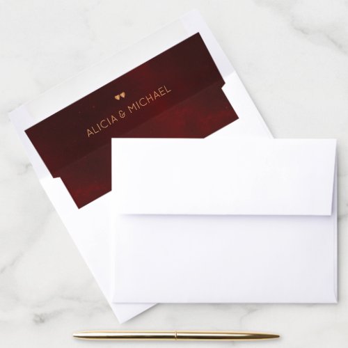 Dark burgundy velvet with gold copper script envelope liner