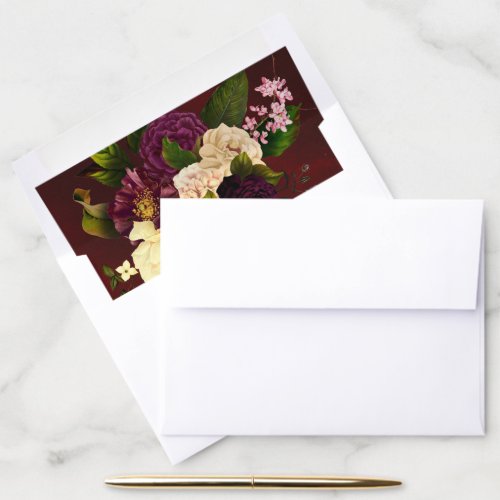 Dark burgundy velvet with purple ivory flowers envelope liner