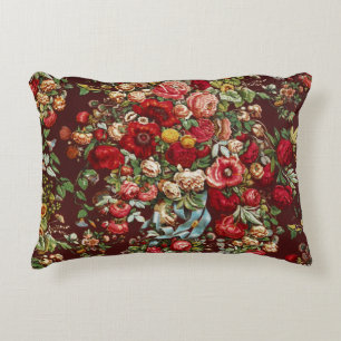 Dark Burgundy Victorian Rose Floral Ribbon Pattern Accent Pillow