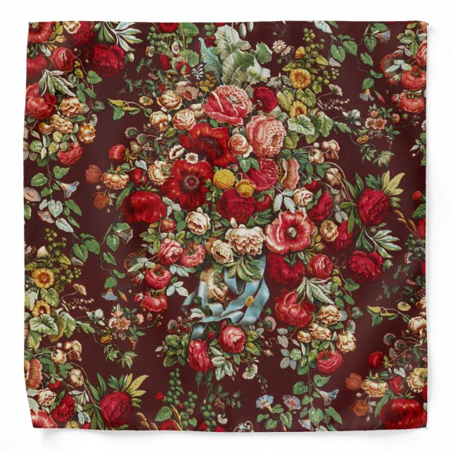 Dark Burgundy Victorian Rose Floral Ribbon Pattern Bandana (Front)