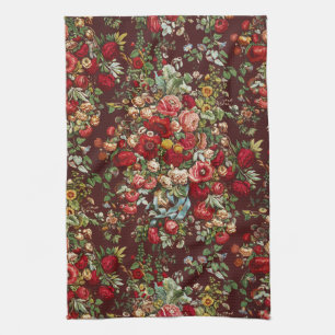 Dark Burgundy Victorian Rose Floral Ribbon Pattern Kitchen Towel