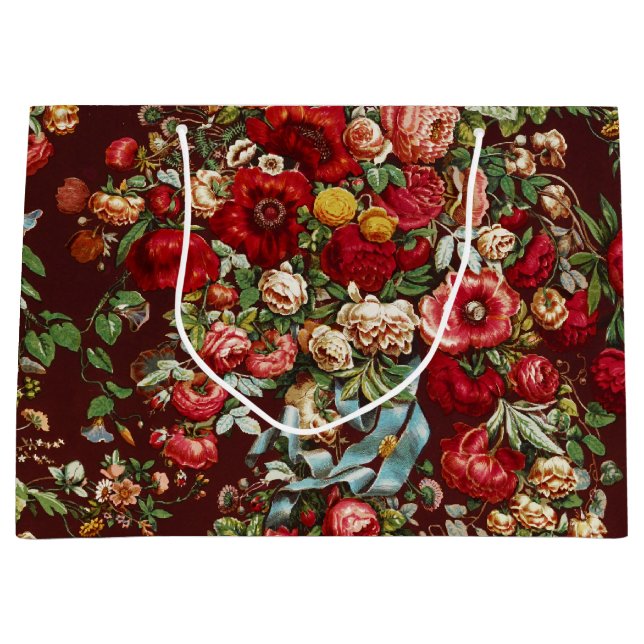Dark Burgundy Victorian Rose Floral Ribbon Pattern Large Gift Bag (Front)