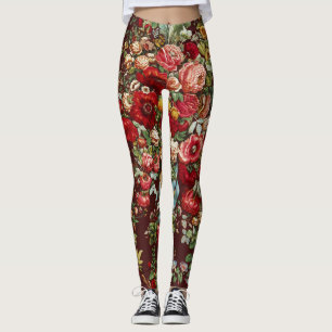 Dark Burgundy Victorian Rose Floral Ribbon Pattern Leggings
