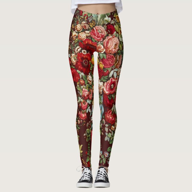 Dark Burgundy Victorian Rose Floral Ribbon Pattern Leggings (Front)
