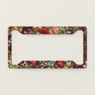 Dark Burgundy Victorian Rose Floral Ribbon Pattern License Plate Frame