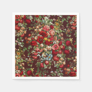 Dark Burgundy Victorian Rose Floral Ribbon Pattern Napkins
