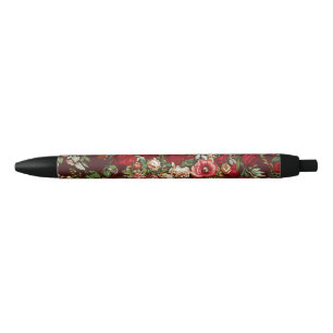 Dark Burgundy Victorian Rose Floral Ribbon Pattern Pen