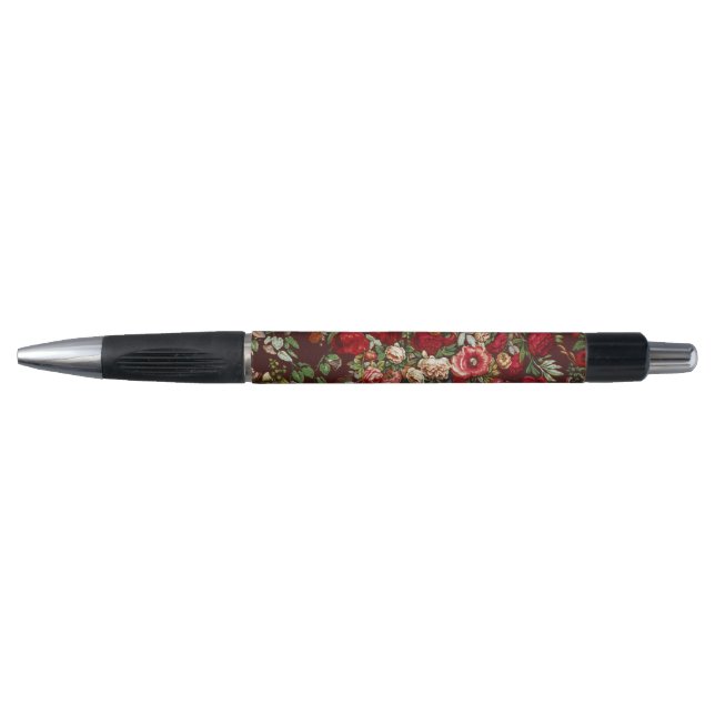 Dark Burgundy Victorian Rose Floral Ribbon Pattern Pen (Front)