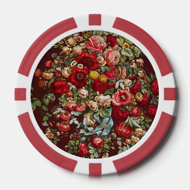 Dark Burgundy Victorian Rose Floral Ribbon Pattern Poker Chips (Front)