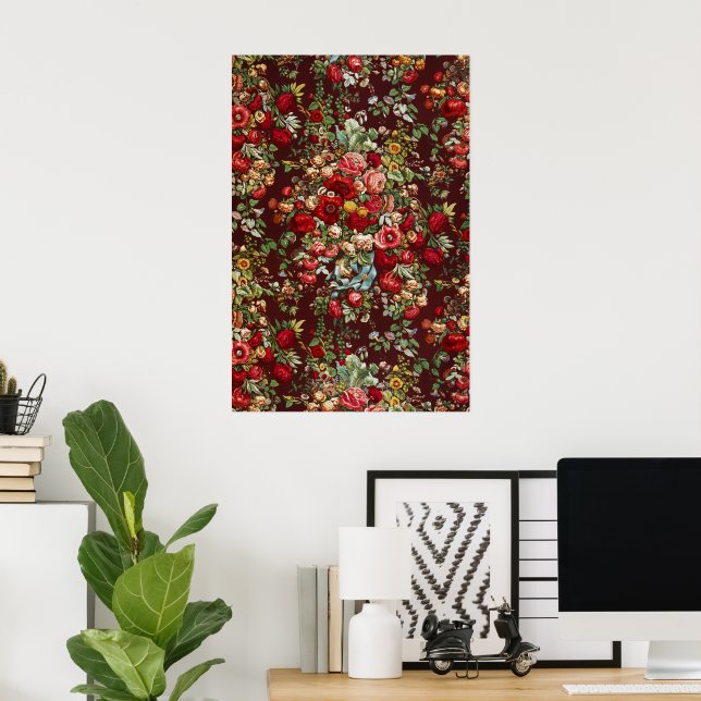 Dark Burgundy Victorian Rose Floral Ribbon Pattern Poster (Home Office)