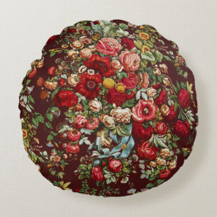 Dark Burgundy Victorian Rose Floral Ribbon Pattern Round Pillow
