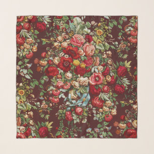 Dark Burgundy Victorian Rose Floral Ribbon Pattern Scarf
