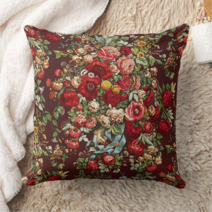 Dark Burgundy Victorian Rose Floral Ribbon Pattern Throw Pillow