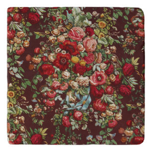 Dark Burgundy Victorian Rose Floral Ribbon Pattern Trivet