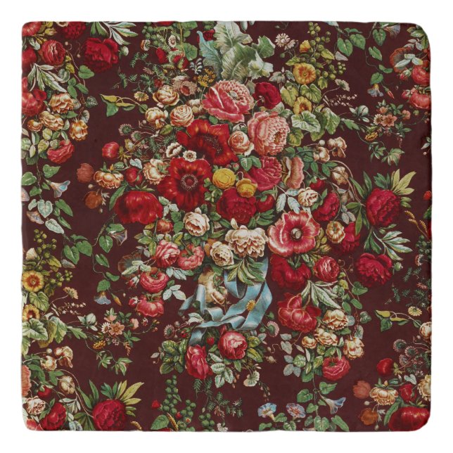 Dark Burgundy Victorian Rose Floral Ribbon Pattern Trivet (Front)