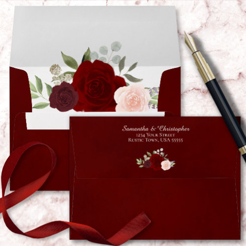 Dark Burgundy Watercolor Floral Elegant Wedding Envelope