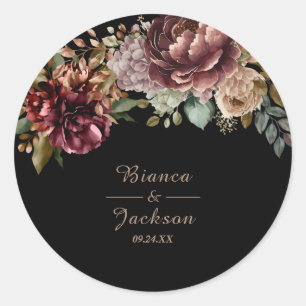 Dark Burgundy Watercolor Floral Wedding favor  Classic Round Sticker