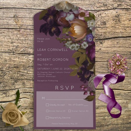 Dark Burgundy Wine Gothic Floral Dinner All In One Invitation