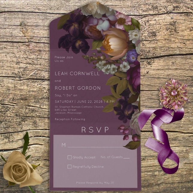 Dark Burgundy Wine Gothic Floral No Dinner All In One Invitation (Creator Uploaded)