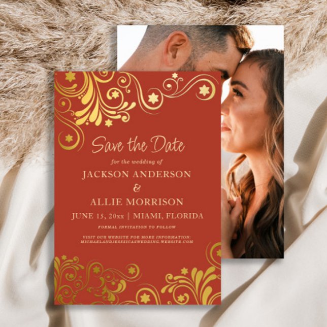 Dark Burnt Orange Gold Swirls Photo Wedding Save The Date (Burnt orange and gold flourish wedding Save the Date photo card)