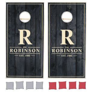 Dark Burnt Wood Family Name & Initial Cornhole Set