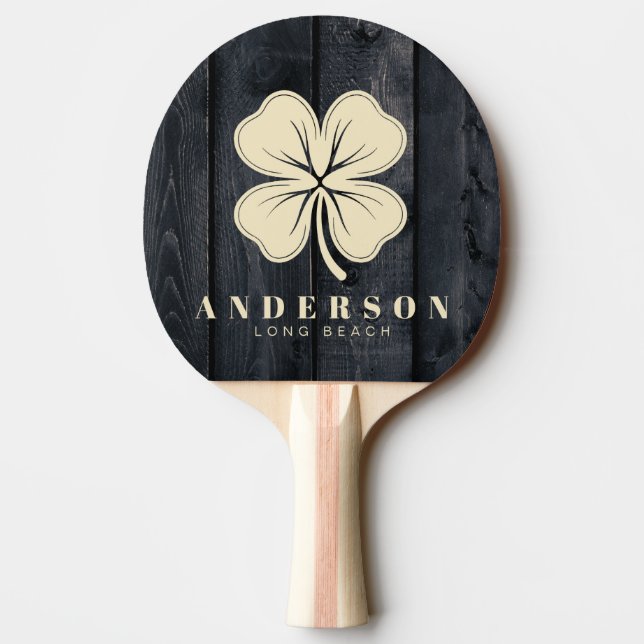 Dark Burnt Wood Four Leaf Clover with Name Ping Pong Paddle (Back)