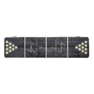 Dark Burnt Wood Hand Written Family Name Beer Pong Table