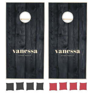 Dark Burnt Wood Minimal Modern Classic Name Cornhole Set