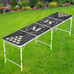 Dark Burnt Wood Modern Circle Monogram Beer Pong Table