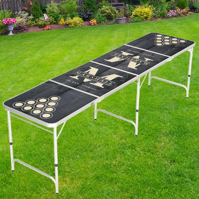 Dark Burnt Wood Monogram & Name Overlay Beer Pong Table (Creator Uploaded)