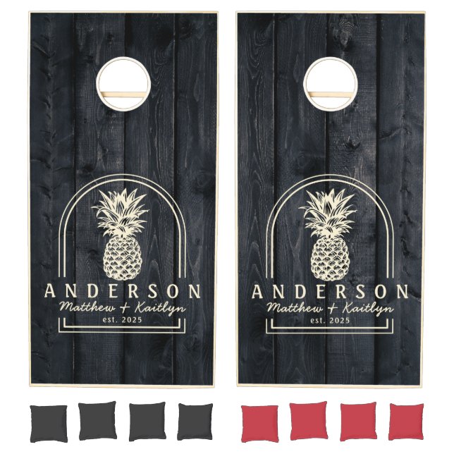 Dark Burnt Wood Pineapple Wedding Arch & Name Cornhole Set (Set)